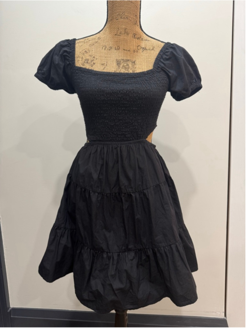 RETROD Black Smocked Square Neck Cutout Mini Dress S Puff Sleeve Dark Cottage